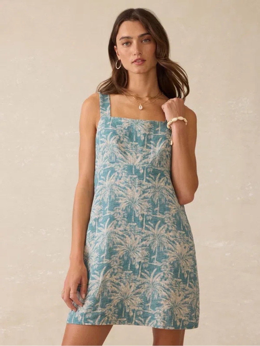 Faherty Teal and Cream Palm-Print Mini Dress